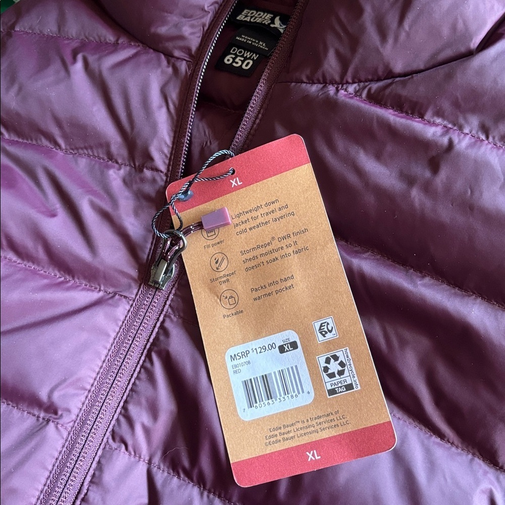 Eddie Bauer Women's Packable Jacket 650 Fill Power Down No Hood Zip Pockets 😍 - Picture 2 of 10